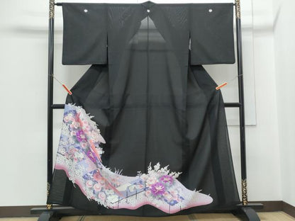 平和屋着物＊夏物　黒留袖　絽　尾長鳥花文　洗える着物　CABH3885th