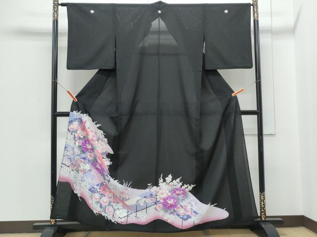 平和屋着物＊夏物　黒留袖　絽　尾長鳥花文　洗える着物　CABH3885th