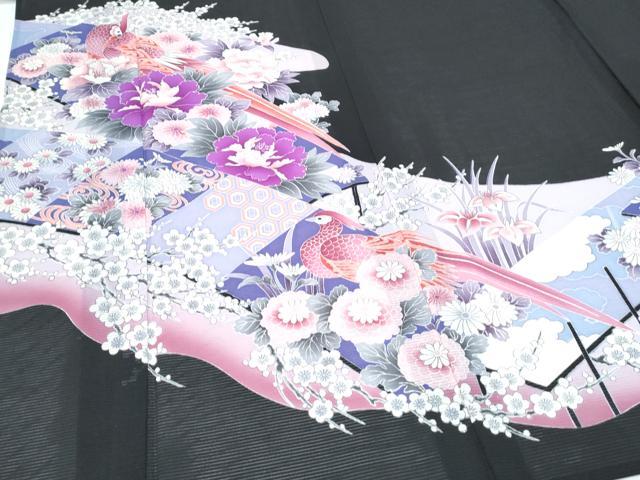 平和屋着物＊夏物　黒留袖　絽　尾長鳥花文　洗える着物　CABH3885th