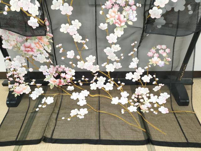 平和屋着物＊夏物 お引きずり・お引き摺り・引き振袖 和装 結婚式 舞妓 芸妓 芸者 衣装 枝花文 オーガンジー 黒地 金銀彩 逸品 CABH3899th