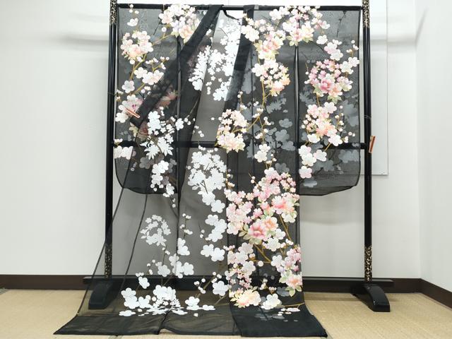 平和屋着物＊夏物 お引きずり・お引き摺り・引き振袖 和装 結婚式 舞妓 芸妓 芸者 衣装 枝花文 オーガンジー 黒地 金銀彩 逸品 CABH3899th