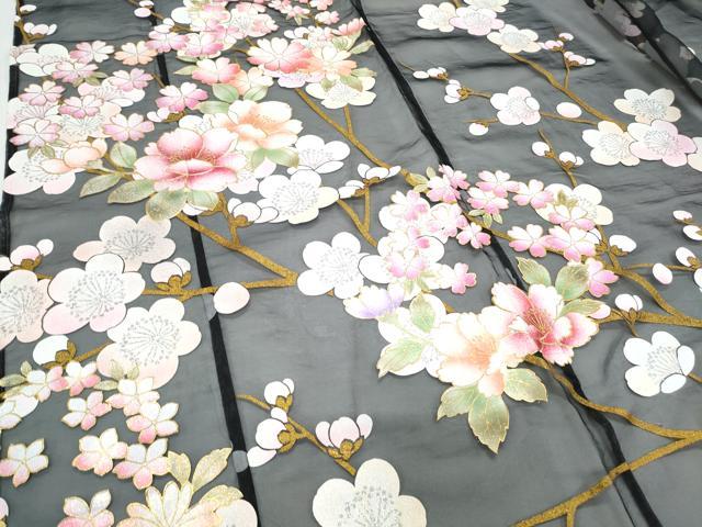 平和屋着物＊夏物 お引きずり・お引き摺り・引き振袖 和装 結婚式 舞妓 芸妓 芸者 衣装 枝花文 オーガンジー 黒地 金銀彩 逸品 CABH3899th