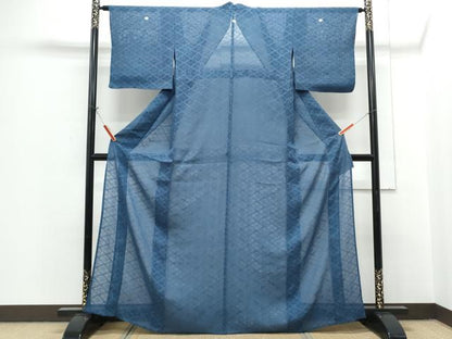 平和屋着物＊夏物　色無地　菱文紗　紺瑠璃色　正絹　逸品　CABH3903th