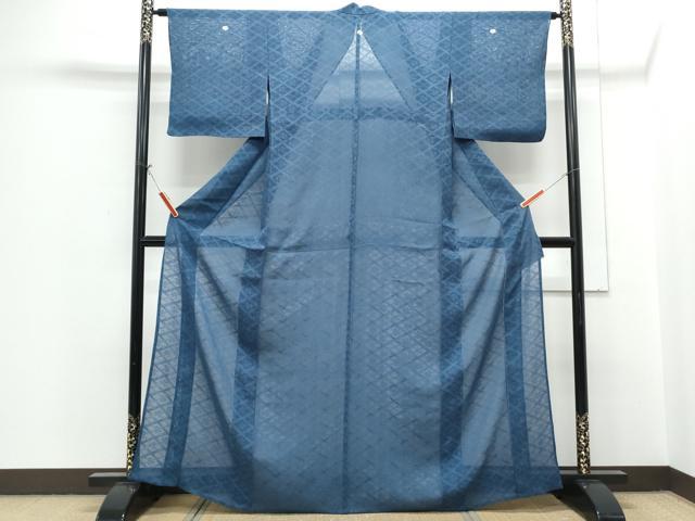 平和屋着物＊夏物　色無地　菱文紗　紺瑠璃色　正絹　逸品　CABH3903th