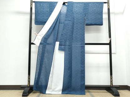 平和屋着物＊夏物　色無地　菱文紗　紺瑠璃色　正絹　逸品　CABH3903th
