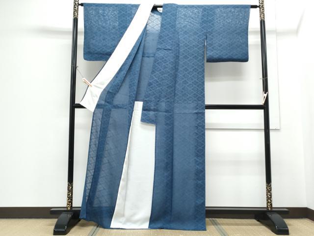 平和屋着物＊夏物　色無地　菱文紗　紺瑠璃色　正絹　逸品　CABH3903th