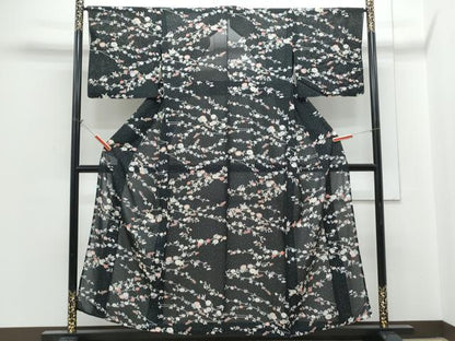 平和屋着物＊夏物　小紋　絽　草花文　黒地　正絹　逸品　CABH3913th