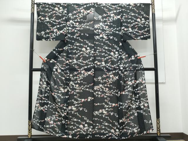 平和屋着物＊夏物　小紋　絽　草花文　黒地　正絹　逸品　CABH3913th