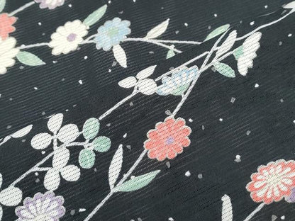 平和屋着物＊夏物　小紋　絽　草花文　黒地　正絹　逸品　CABH3913th