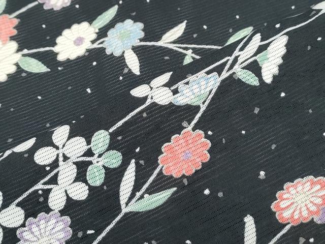 平和屋着物＊夏物　小紋　絽　草花文　黒地　正絹　逸品　CABH3913th
