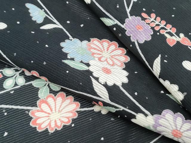 平和屋着物＊夏物　小紋　絽　草花文　黒地　正絹　逸品　CABH3913th