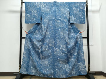 平和屋着物＊夏物　小紋　絽　藍　型染め　籬花鳥文　正絹　逸品　未使用　CABH3914th