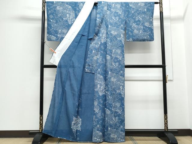 平和屋着物＊夏物　小紋　絽　藍　型染め　籬花鳥文　正絹　逸品　未使用　CABH3914th