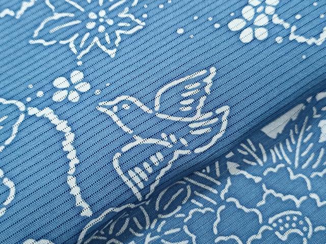 平和屋着物＊夏物　小紋　絽　藍　型染め　籬花鳥文　正絹　逸品　未使用　CABH3914th