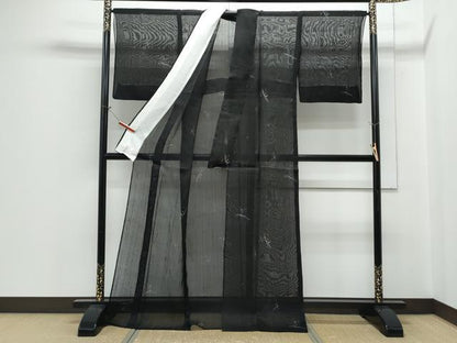 平和屋着物＊夏物　絹芭蕉　紗　草葉文　黒地　正絹　逸品　CABH3938th