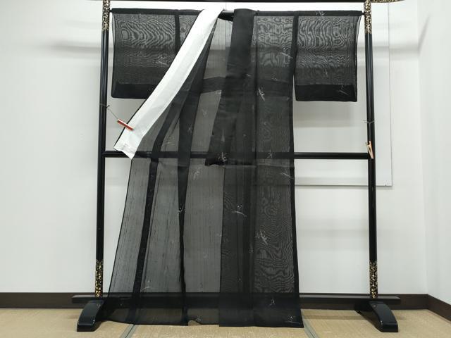 平和屋着物＊夏物　絹芭蕉　紗　草葉文　黒地　正絹　逸品　CABH3938th