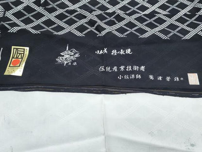 平和屋着物＊夏物　小紋師　鷲津芳雄　小紋　絽　格子文　黒地　反端付き　正絹　逸品　CABH3956th