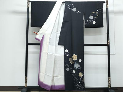 平和屋着物●訪問着　駒刺繍　絞り　草花文　黒地　金彩　正絹　逸品　CABH3970th