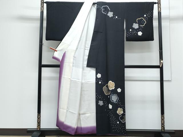 平和屋着物●訪問着　駒刺繍　絞り　草花文　黒地　金彩　正絹　逸品　CABH3970th