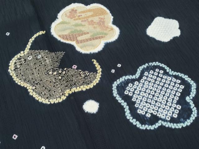 平和屋着物●訪問着　駒刺繍　絞り　草花文　黒地　金彩　正絹　逸品　CABH3970th