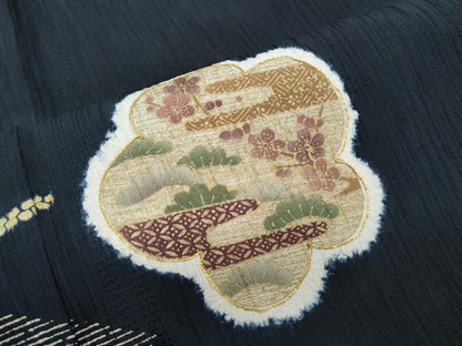 平和屋着物●訪問着　駒刺繍　絞り　草花文　黒地　金彩　正絹　逸品　CABH3970th