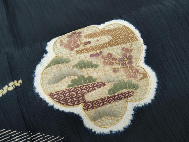 平和屋着物●訪問着　駒刺繍　絞り　草花文　黒地　金彩　正絹　逸品　CABH3970th