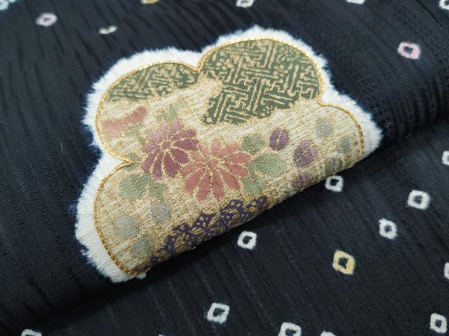 平和屋着物●訪問着　駒刺繍　絞り　草花文　黒地　金彩　正絹　逸品　CABH3970th