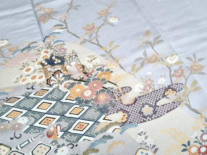 平和屋着物●訪問着　刺繍　御所車草花文　金彩　正絹　逸品　CABH3978th
