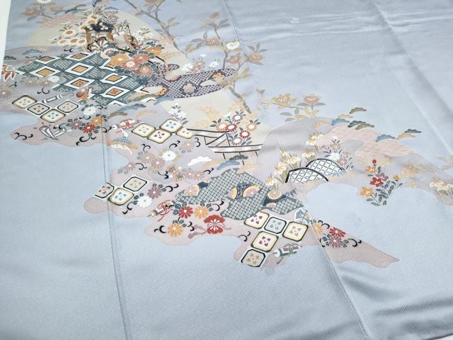 平和屋着物●訪問着　刺繍　御所車草花文　金彩　正絹　逸品　CABH3978th
