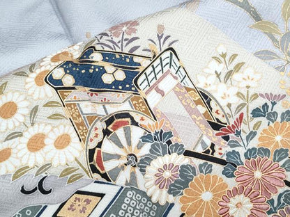 平和屋着物●訪問着　刺繍　御所車草花文　金彩　正絹　逸品　CABH3978th