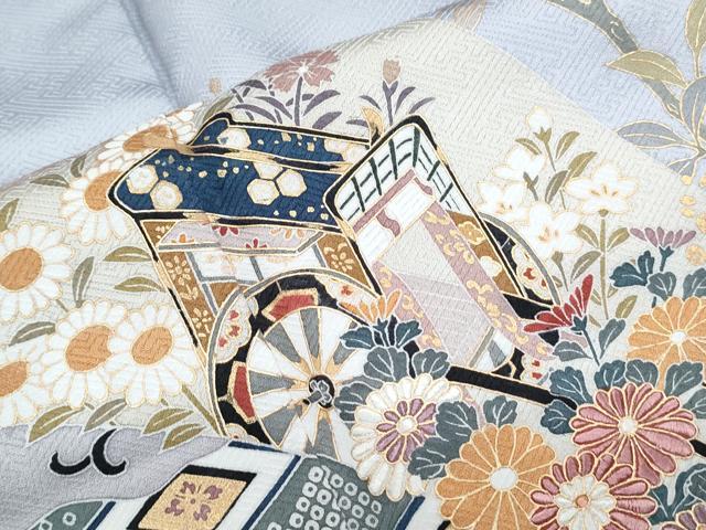 平和屋着物●訪問着　刺繍　御所車草花文　金彩　正絹　逸品　CABH3978th