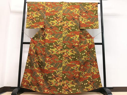 平和屋着物■上質な小紋　扇面芝草花文　正絹　逸品　CABH4115xe