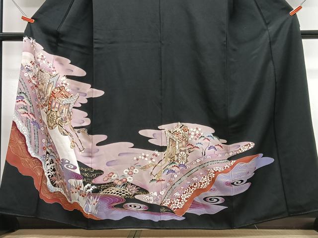 平和屋着物■豪華黒留袖　御所車立波花文　金彩　正絹　逸品　CABH4246xe
