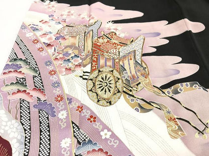 平和屋着物■豪華黒留袖　御所車立波花文　金彩　正絹　逸品　CABH4246xe
