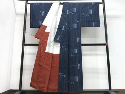 平和屋着物■上質な紬　藍絣間道　反端付き　正絹　逸品　CABH4259xe