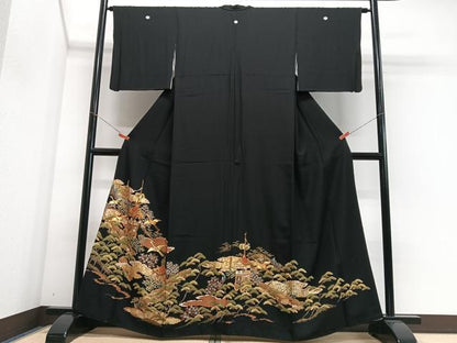 平和屋着物■豪華黒留袖　駒刺繍　飛鶴松文　鉾　金彩　正絹　逸品　CABH4264xe