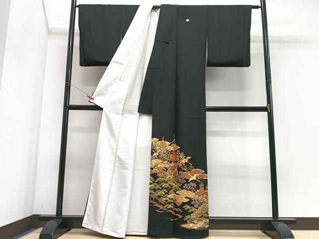 平和屋着物■豪華黒留袖　駒刺繍　飛鶴松文　鉾　金彩　正絹　逸品　CABH4264xe