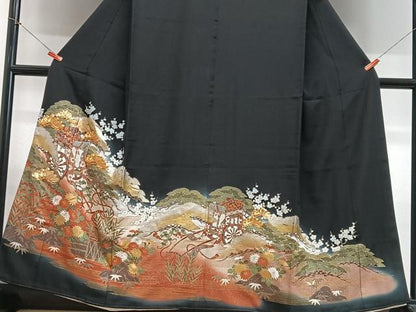 平和屋着物■豪華黒留袖　駒刺繍　御所車花文　金彩　正絹　逸品　CABH4265xe