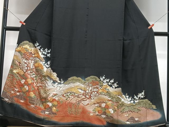 平和屋着物■豪華黒留袖　駒刺繍　御所車花文　金彩　正絹　逸品　CABH4265xe