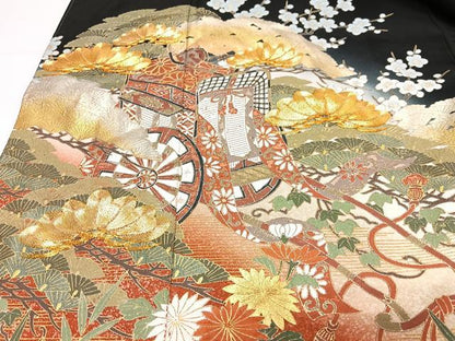 平和屋着物■豪華黒留袖　駒刺繍　御所車花文　金彩　正絹　逸品　CABH4265xe