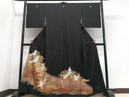 平和屋着物■豪華黒留袖　飛鶴松文　暈し染め　金彩　正絹　逸品　CABH4276xe