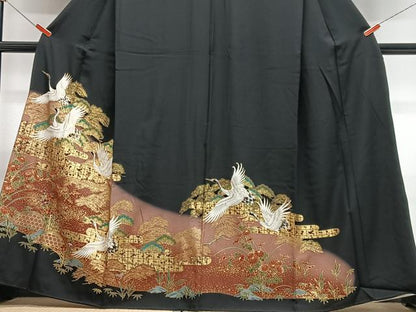 平和屋着物■豪華黒留袖　飛鶴松文　暈し染め　金彩　正絹　逸品　CABH4276xe
