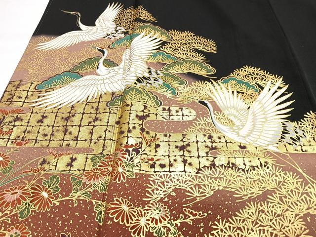 平和屋着物■豪華黒留袖　飛鶴松文　暈し染め　金彩　正絹　逸品　CABH4276xe