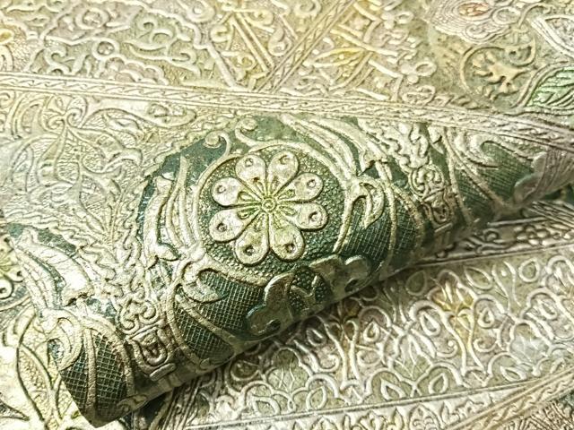 平和屋着物●六通柄袋帯　金唐革　切嵌吉祥花文　正絹　逸品　CABH4439vp
