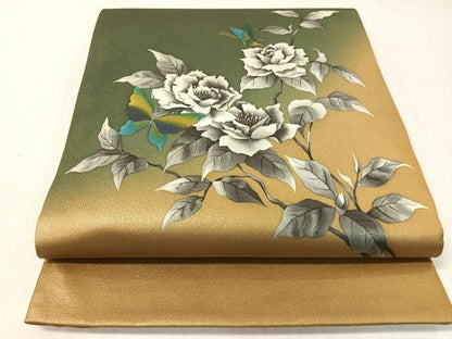 平和屋着物●染色作家　斉藤三才　太鼓柄袋帯　手描き　花蝶文　正絹　逸品　CABH4441vp