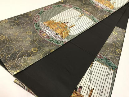 平和屋着物●九谷焼工芸作家・北村隆　六通柄袋帯　色絵北前船　金銀糸　引箔　正絹　逸品　未使用　CABH4445vp