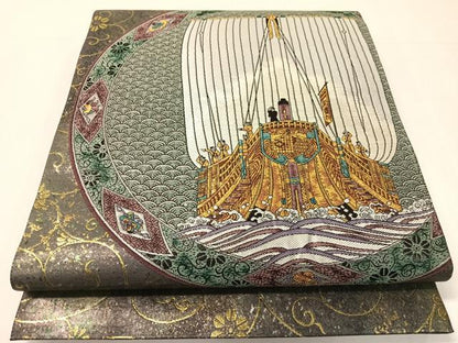 平和屋着物●九谷焼工芸作家・北村隆　六通柄袋帯　色絵北前船　金銀糸　引箔　正絹　逸品　未使用　CABH4445vp