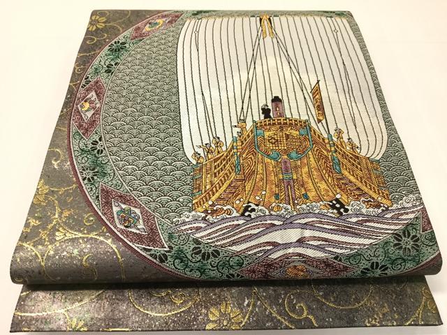 平和屋着物●九谷焼工芸作家・北村隆　六通柄袋帯　色絵北前船　金銀糸　引箔　正絹　逸品　未使用　CABH4445vp
