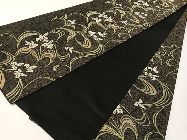 平和屋着物●六通柄袋帯　草花文　黒地　金通し地　正絹　逸品　CABH4452vp