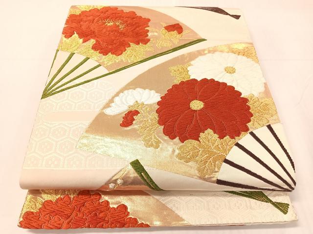 平和屋着物●西陣　河合美術織物謹製　六通柄袋帯　唐織　扇面花文　金糸　正絹　逸品　CABH4467vp